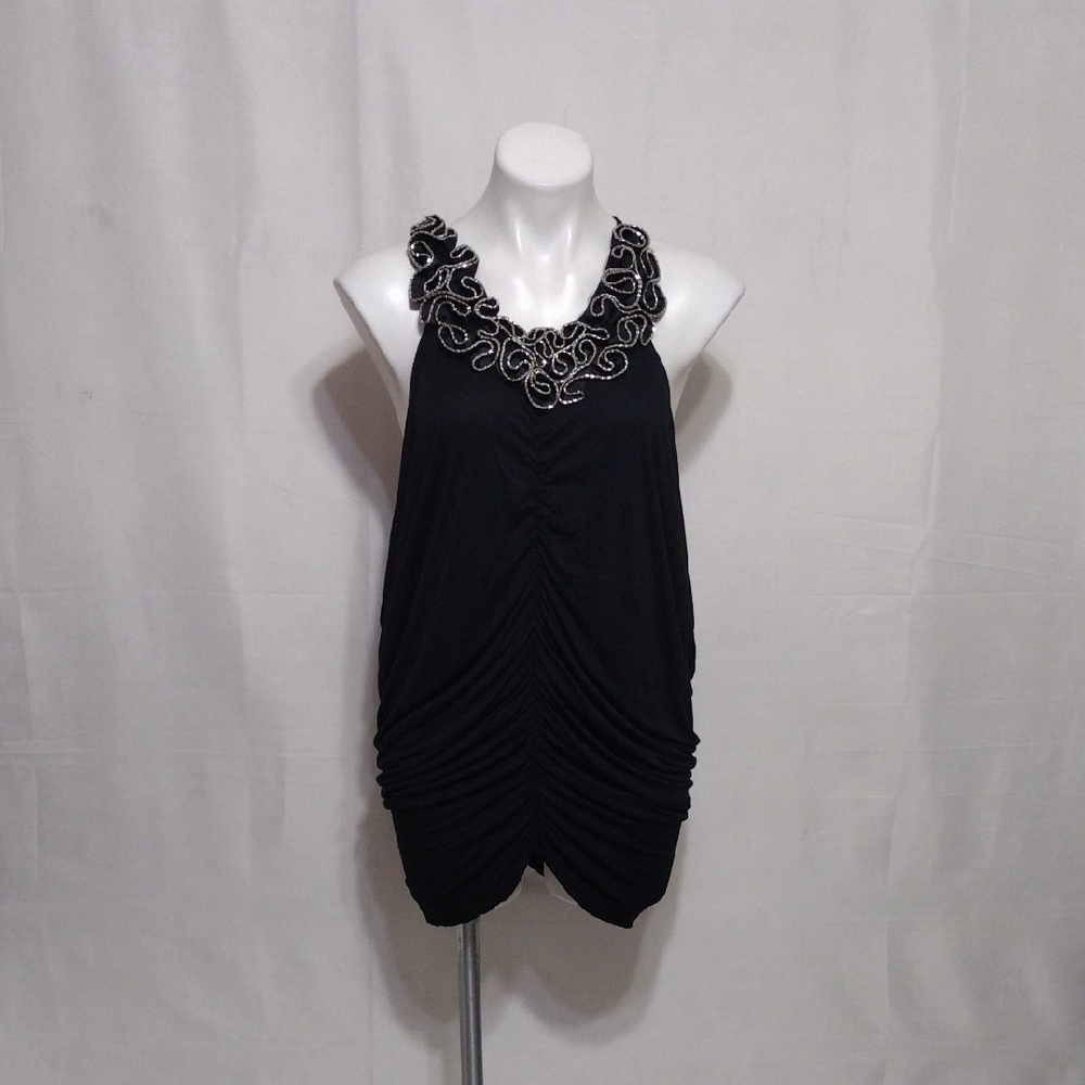 B Sharp Rhinestone Halter Tunic Top Large Y2K Glam Party Clubwear Bling